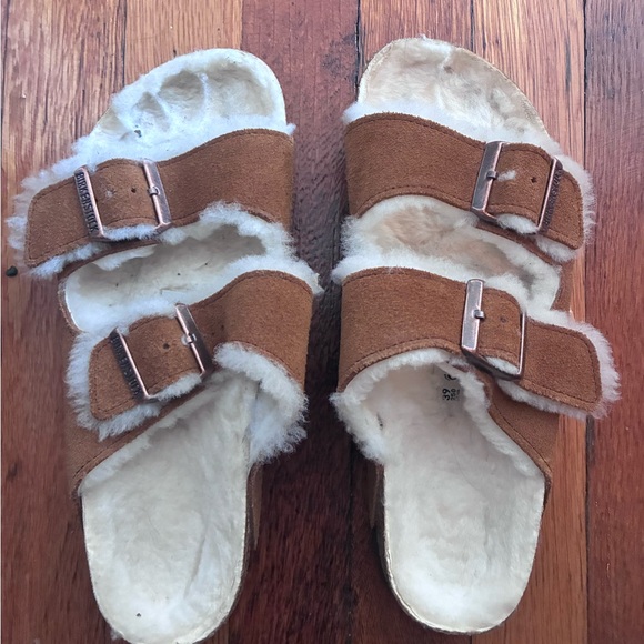 Birkenstock Shoes - Birkenstock Shearling Lined Double-Buckle Suede Slide Sandals - Chestnut